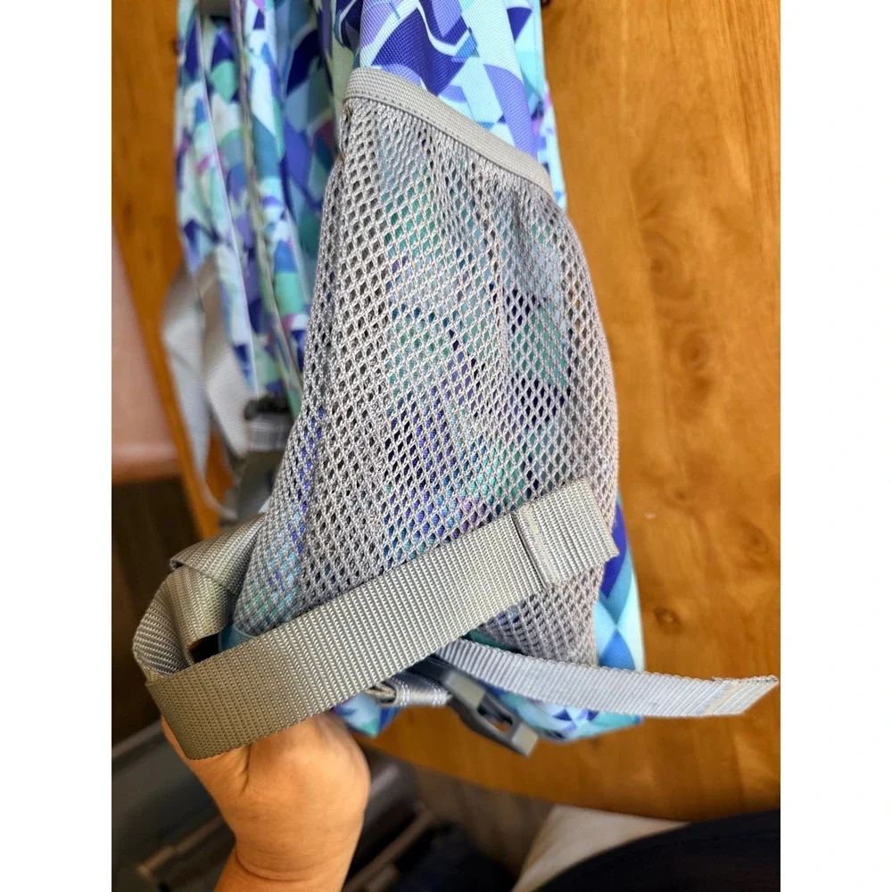 LL Bean Deluxe Backpack Blue Purple Geometric Triangle Print School Bag